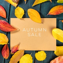 Autum Sale. Discount banner or flyer design template with vibrant autumn leaves on a brown kraft card, with a place for text