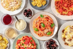 Pasta, various dishes, overhead flat lay shot, Italian food and wine