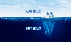 Discover your hidden soft skills concept. Motivational concept for leaderships with iceberg – bigger part representing undiscovered soft skills is hidden under water.