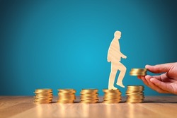 Change return on investment, growing savings or wage income concept. Wooden person is going from constant bucket of coins to growing coins. Successful investment concept.
