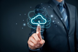 Cloud computing concept - connect to cloud. Businessman or information technologist click on cloud computing icon.