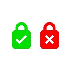 Lock security icon with check mark sign, red and green isolated on white background, vector illustration.