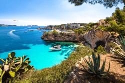 Mallorca, Cala Noelia. View of the sea and rocks from the high shore. Majorca, Balearic Islands, Spain