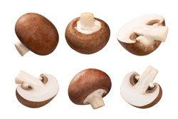 Portobello mushrooms (Agaricus bisporus fruit bodies), whole and halved, isolated