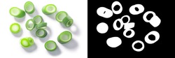 Green leek cut into rings isolated w clipping paths, top view