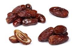 Dried dates (fruits of date palm Phoenix dactylifera).  Clipping paths for both objects and shadows. Infinite depth of field, retouched. Set, bundle,collection