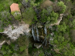 Kyustendil, Bulgaria 2022. Polska Skakavitsa Waterfall in the Zemen Mountain 50 meters high with drone.