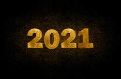 Gold numbers 2021 on black background with scattered sparkles. Horizontal New Year banner
