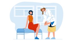 Doctor Giving Physiotherapy To Patient Vector. Nurse Bandaging Leg With Elastic Bandage, Medical Physiotherapy. Characters Physical Therapy In Hospital Cabinet Flat Cartoon Illustration