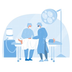 Medical Team Performing Surgical Operation Vector. Surgeon Doctor And Assistant Perform Operation. Characters Medicine Hospital Workers And Patient In Operating Room Flat Cartoon Illustration
