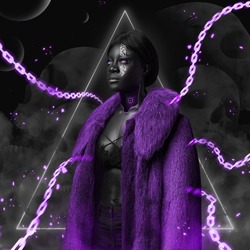 Black slim woman with purple fur coat against dark background