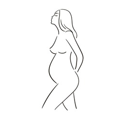 Linear silhouette of a pregnant woman. Continius line. Stock vector illustration isolated on white background.