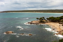 Shelley Cove near Bunker Bay, Eagle Bay and Dunsborough city in Western Australia with nice sandy beach and trees in overcast weather 