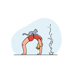 Young woman doing yoga with her cat. Vector illustration.