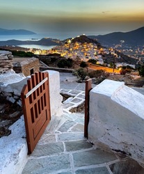Panoramic view of the old city at sunset, evening time night, cycladic islands, ios greece