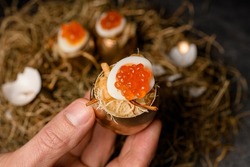 Close-up of beautiful tasty egg stuffed with red caviar and serving in golden shell in male hand