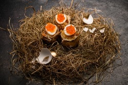 great view of beautiful tasty boiled eggs stuffed with red caviar and serving in golden shell on decorative hay