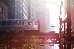 Chicago metro train on the bridge in downtown
