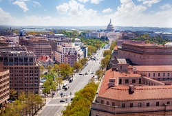 Panorama from above of Pennsylvania Avenue and United States Capitol Building towards USA Congress on National Mall in Washington, D.C.