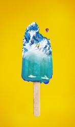 Cold refreshing ice cream with half alpine snow mountain summit and air balloon - hot summer concept