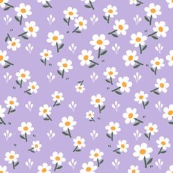 Seamless of little white flower field on purple background vector. Cute floral pattern.