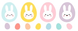 Easter eggs and rabbit head icon set isolated on white background vector illustration. Cute cartoon character.