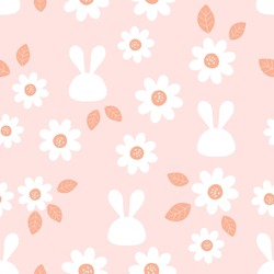 Seamless pattern with rabbit cartoons and daisy flower on pink background vector illustration.