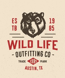 Old School textured t shirt graphics apparel fashion print. Retro typographic badge design. Wild Life Outfitting company. Vintage americana style. Vector Illustration.