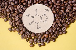 Structural chemical formula of caffeine molecule with roasted coffee beans. Caffeine is a central nervous system stimulant, psychoactive drug molecule.