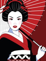 Vector comic style of portrait beautiful Japanese girl in kimono holding a red umbrella. Vintage, illustration.