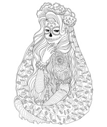 Beautifull girl with Santa Muerte body art. Vector coloring page for national mexican holiday - Day of the dead. 