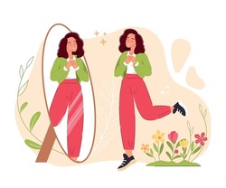 Self pride, self-acceptance, positive self-image and confidence concept vector illustration. Business woman looking in a mirror. Esteem, positive self-perception, social role, individual psychology.