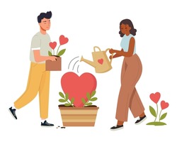 Human relations, Loving couple watering love plant or grow love romantic concept. Happy Valentine's Day with young couple in love vector illustration.14 February romantic holiday Valentine Day poster