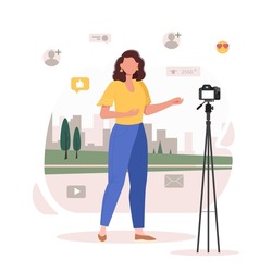 Video blogger or news presenter recording video with camera. Live broadcast vector illustration. Different social media icons. Female bloggers characters in social networks. Podcast, video recording.