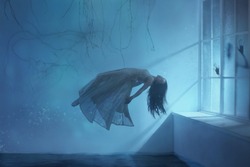 ghost girl long hair in a vintage dress. Room under water. photograph of levitation resembling  dream. dark Gothic interior branches  huge window blue light Art photo mysterious woman silhouette 