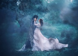 brunette girl ghost and spirit of nightly mysterious cold blue forest, lady in white vintage lace dress with long flying train hugs dark terrible death god, lost sinful soul in thick fog, black smoke