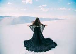  Beauty a woman, rear view. Queen in black clothes stands in desert. Girl fashion model. long silk dress with a train. Back of luxury elegant goddess. backdrop a white sand, blue sky. Silhouette photo