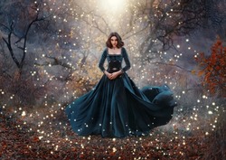 Gothic fantasy woman witch holding magic book hands. Long black velvet medieval vintage dress flies wind. Girl conjures. Bright divine light glow sparkles magic circle around lady. Autumn forest tree