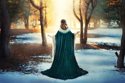 Fantasy woman walks in winter forest. Princess girl. Green long vintage coat fur. Mystical image back rear view silhouette wanderer stroll along path adventures. Nature pine tree snow sun divine light