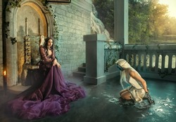 Artwork fantasy fairy evil insidious revenge woman queen sits on throne. Punishes captive girl princess metal chains. Shackles on hands , mask on face, kneels. Backdrop terrace medieval ancient room