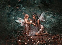 fantasy fairy woman mom gives magic light glowing flower to little happy pixie girl. Dark night summer green forest trees. Butterfly costume pink dress. Smiling elf face in fairy tale story world