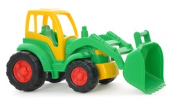 Children's plastic toy, yellow-green bulldozer isolated on white