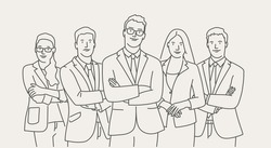 Business company people stand with arms crossed, office team. Hand drawn vector illustration. Black and white.