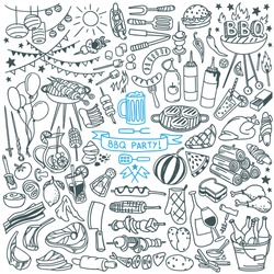 Summer  barbecue backyard party doodle set. Various meals, drinks, ingredients and decoration elements.  Vector illustration isolated over white background.