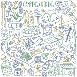 Camping and hiking hand drawn doodles collection. Travel accessories and equipment. Isolated over white background.