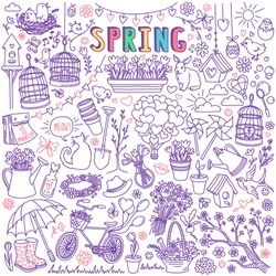 Spring Season Doodle Set. Freehand vector drawing isolated on white background.
