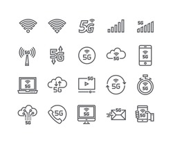 Editable simple line stroke vector icon set,new 5th generation mobile network, high speed connection wireless systems and more. 48x48 Pixel Perfect.