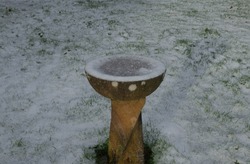 Frozen Water in a Stone Bird Bath Surrounded by Snow in a Country Cottage Garden in Rural Devon, England, UK