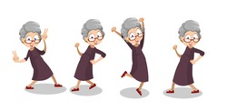 Smiling aged woman expressive dancing. Grey haired funny granny in glasses animation set. Positive elderly woman having fun personage. Active lifestyle at retirement isolated vector illustration