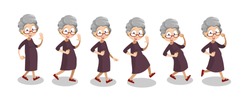 Happy grandmother in glasses and brown dress walking. Grey haired funny old woman character in action. Cute smiling elderly woman with hello gesture. Active lifestyle at retirement vector illustration